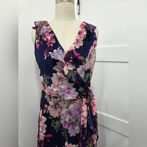 London Times Women's Ruffled Chiffon Flowy Floral Faux Wrap Maxi Dress Size 6 - Picture 4 of 10